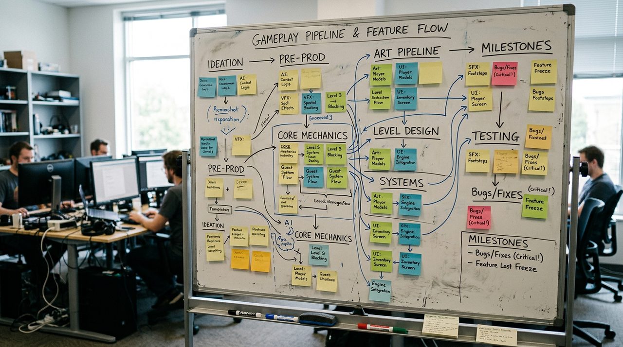 Studio planning board with sticky notes and workflow arrows