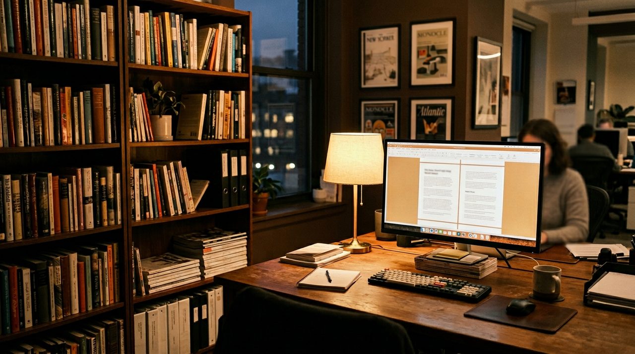 Editorial office desk beside a bookshelf with warm lamp light