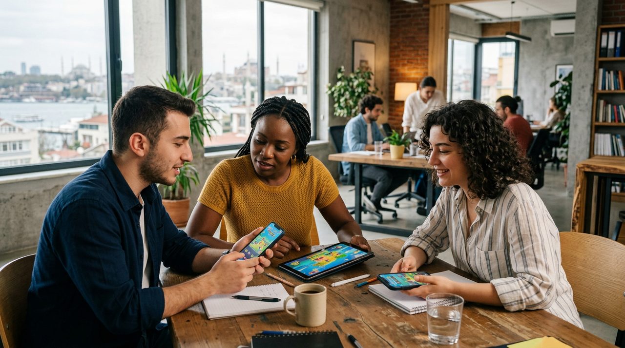 Team members reviewing mobile prototypes on phones around a meeting table
