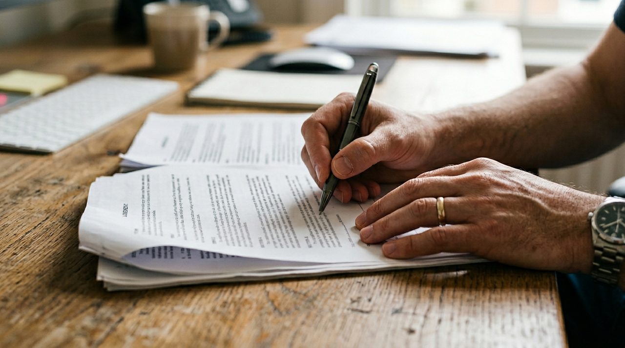 Close-up of hands reviewing printed contract pages on a desk