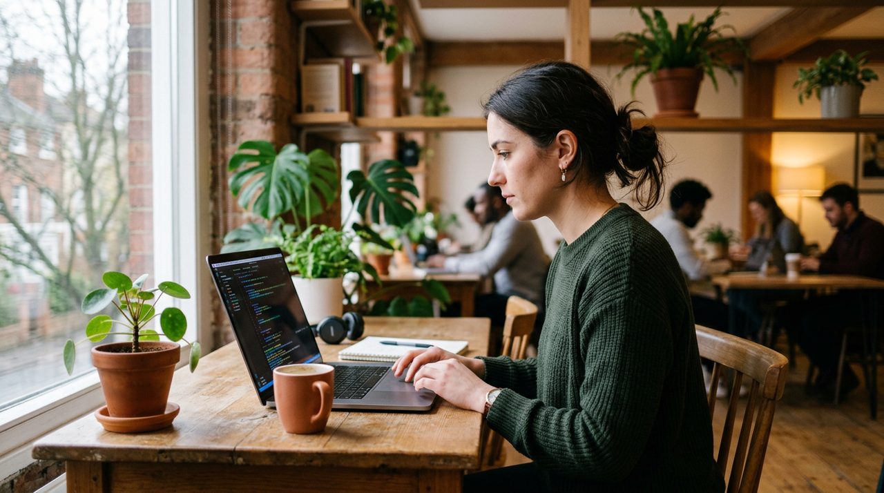 Developer concentrating on a laptop in a bright coworking space