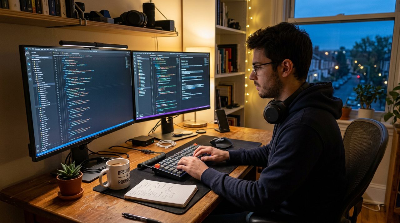 Programming workspace with dual monitors showing a code editor