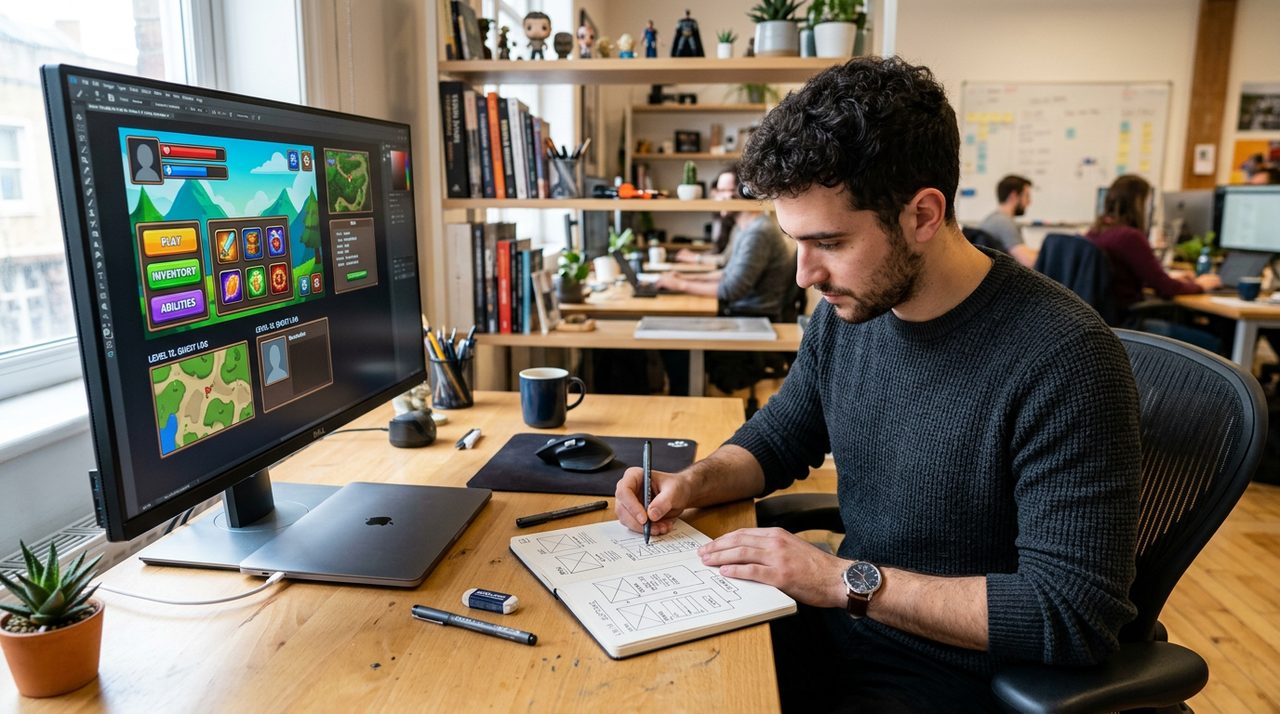Designer reviewing game interface wireframes on a large monitor
